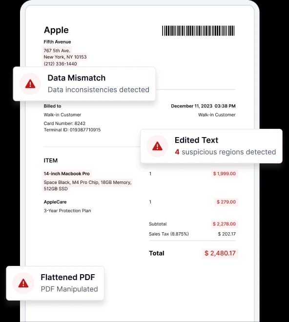 Amostra de detecção de PDF com IA mostrando problemas sinalizados no documento