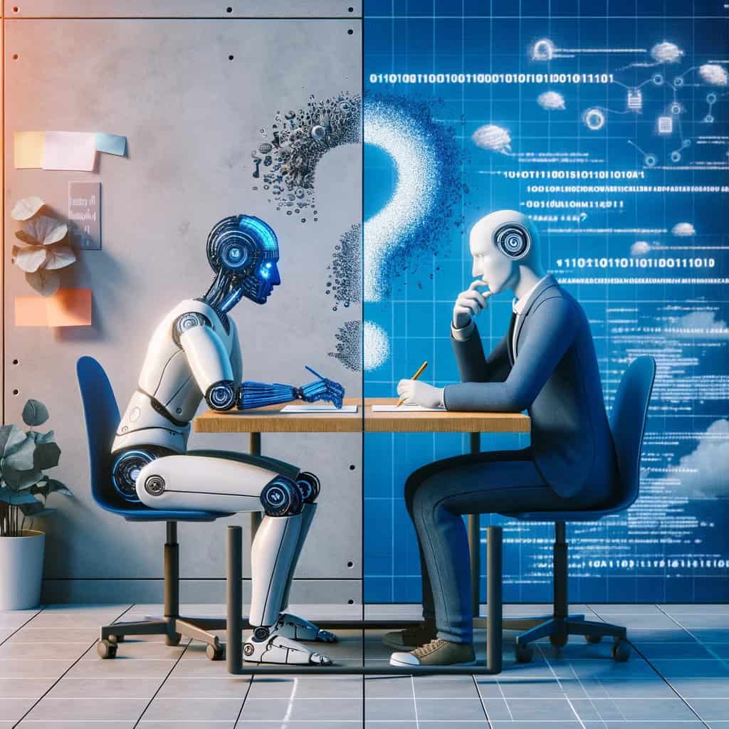 A robot and a half human thinking for an answer