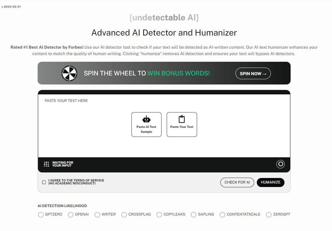 Screenshot of undetectable ai tool