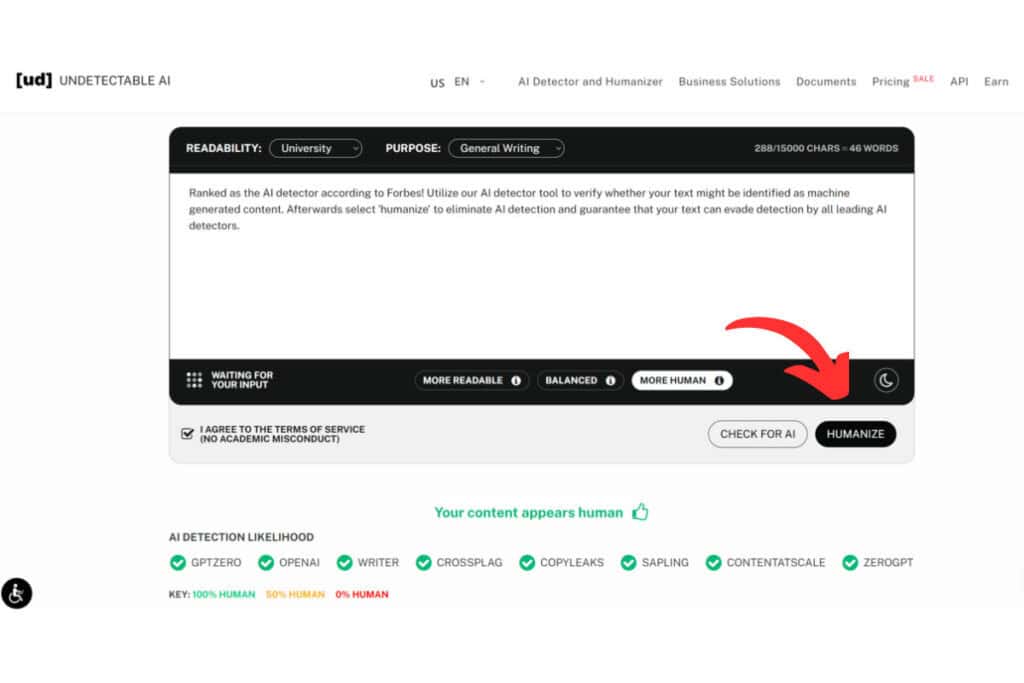 Undetectable AI Humanize button