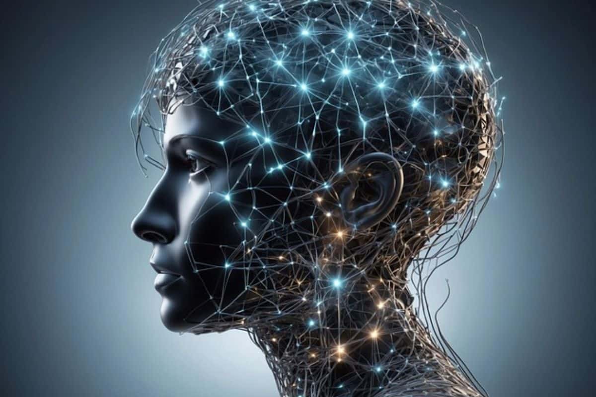Illustrasjonsbilde av en humanoid robot med synlige hjerneforbindelser