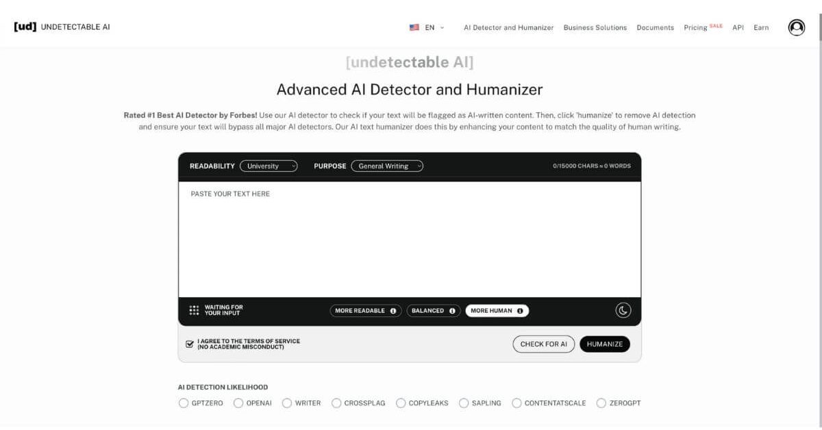undetectable ai detector homepage
