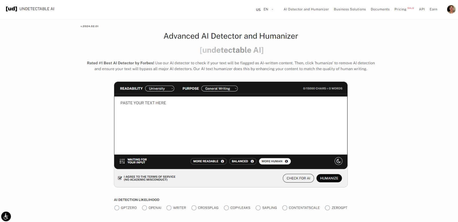 undetectable ai-detektor og humanizer-hjemmeside