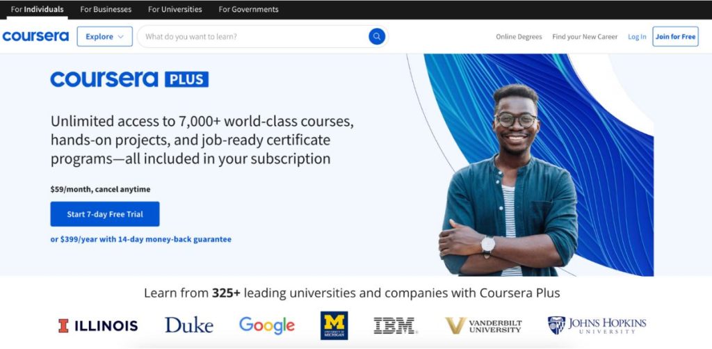 Página de inicio de Coursera para estudiantes