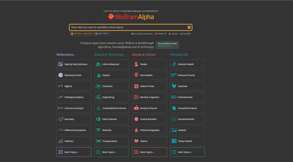 WolframAlpha hjemmeside