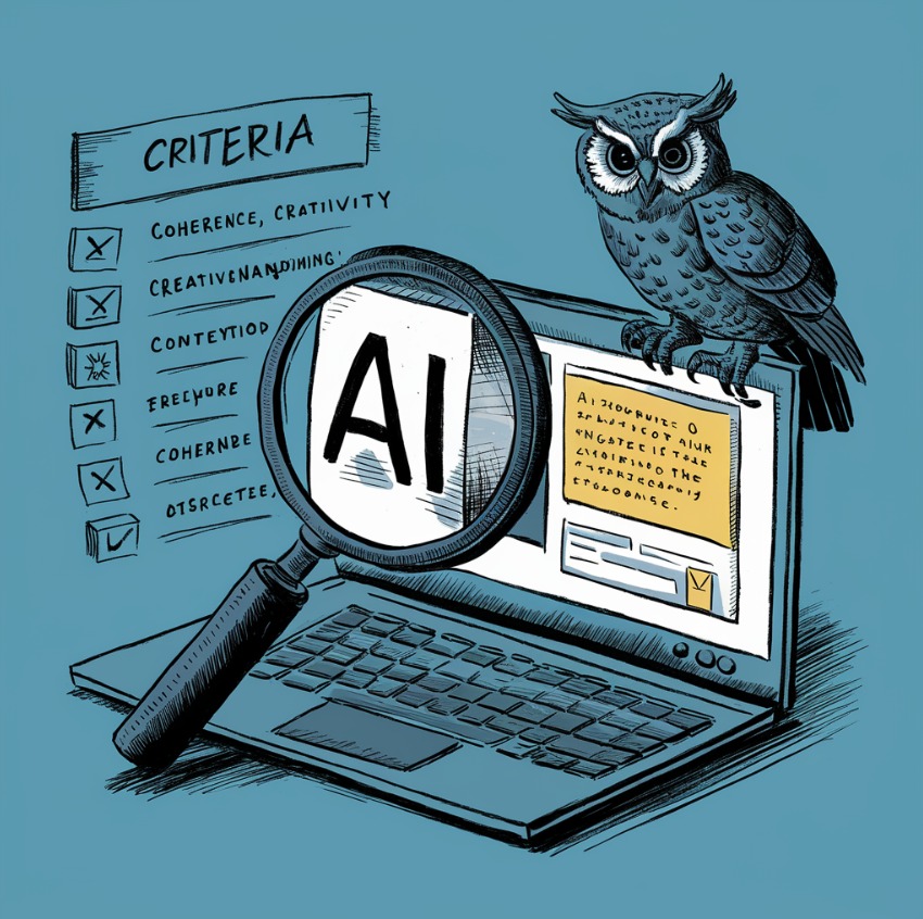 A digital art of owl standing on top of an open laptop with AI search results