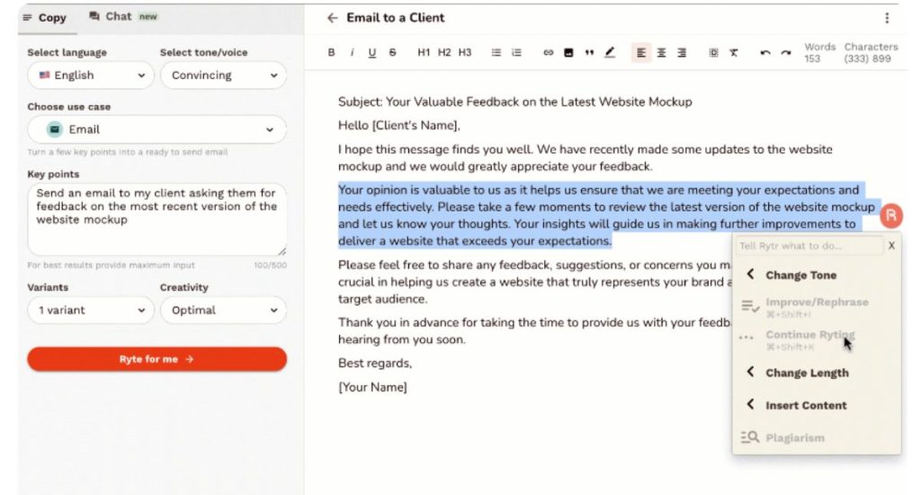 Un correo electrónico a un cliente redactado en Copysmith Rytr