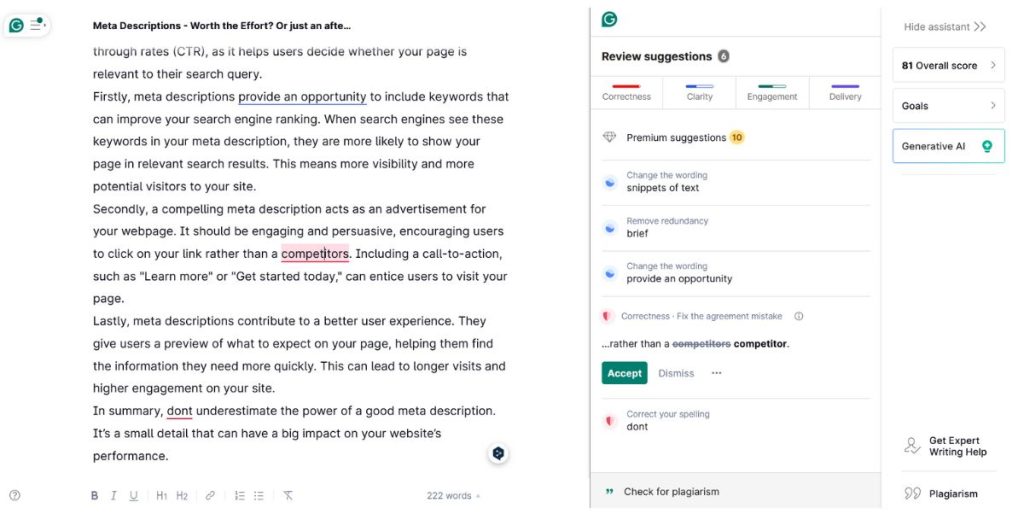 Drafted texts on Grammarly with suggestions pop-up on the side