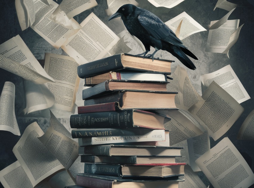 Crow standing on a pile of books