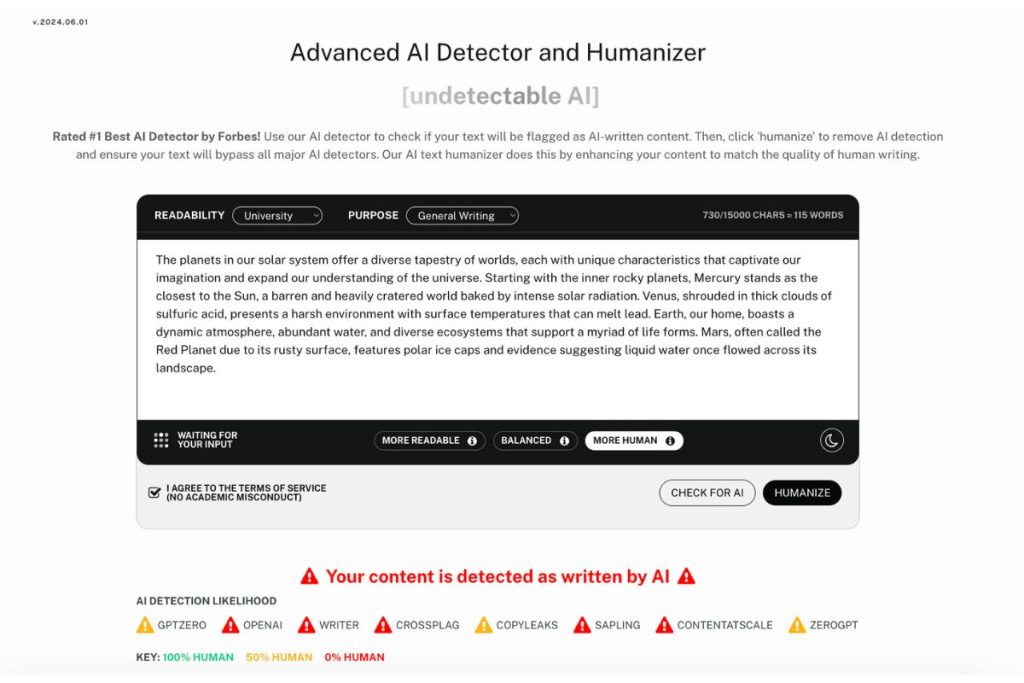 El Detector de IA de Undetectable AI detectó que el contenido está escrito por IA