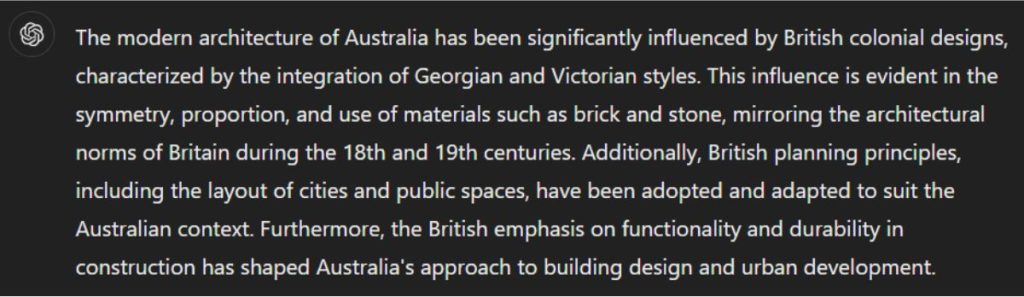 Um resultado do ChatGPT de como a arquitetura moderna da Austrália foi influenciada pelos britânicos