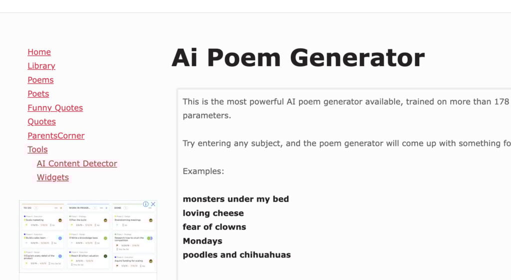 Poem of Quotes, an AI Poem Generator homepage
