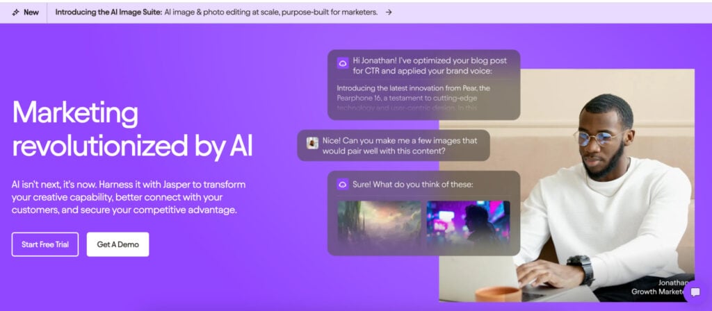 Jasper homepage featuring a marketing platform dashboard with navigation options