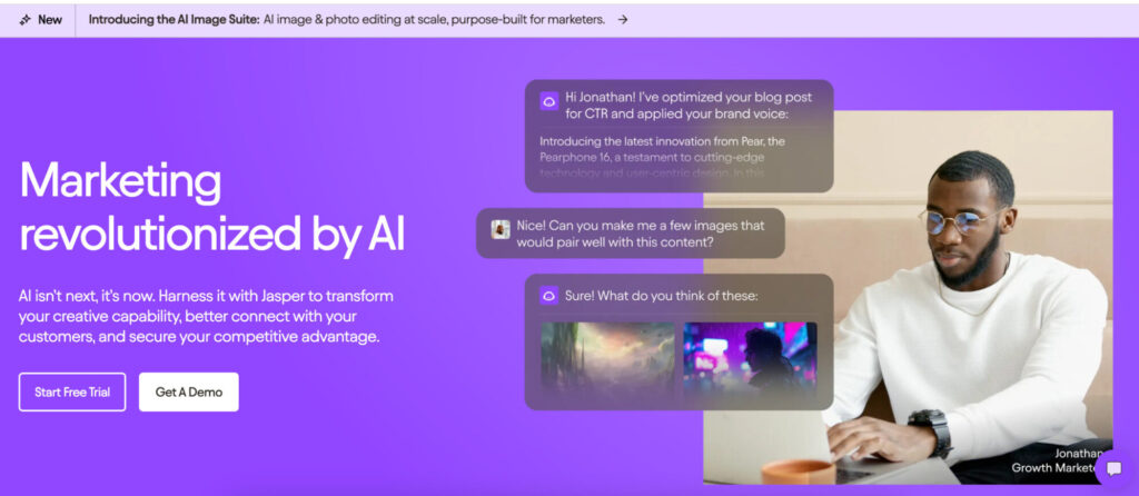 Jasper homepage featuring a marketing platform dashboard with navigation options