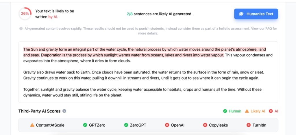 Phrasly.ai highlighting an AI-generated text