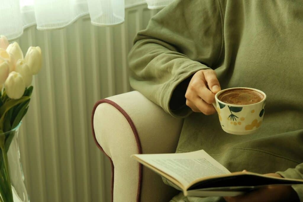 Cozy moment with coffee and a book