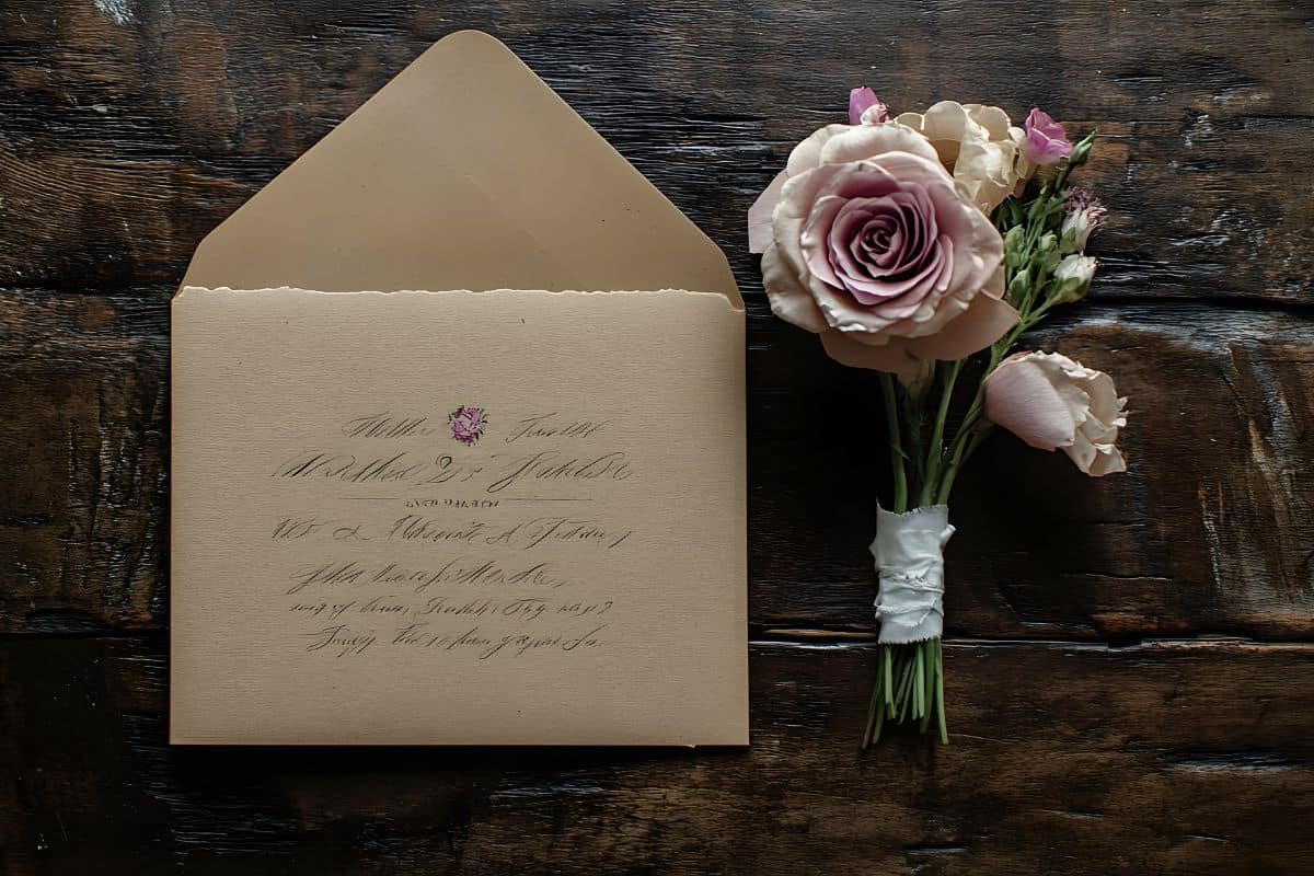 Wedding invitation with pink roses on wooden table
