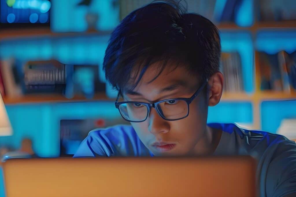A man wearing glasses is looking at a laptop