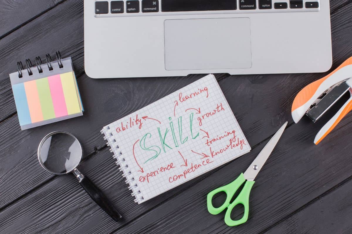 Skills concept and stationery accessories flat lay