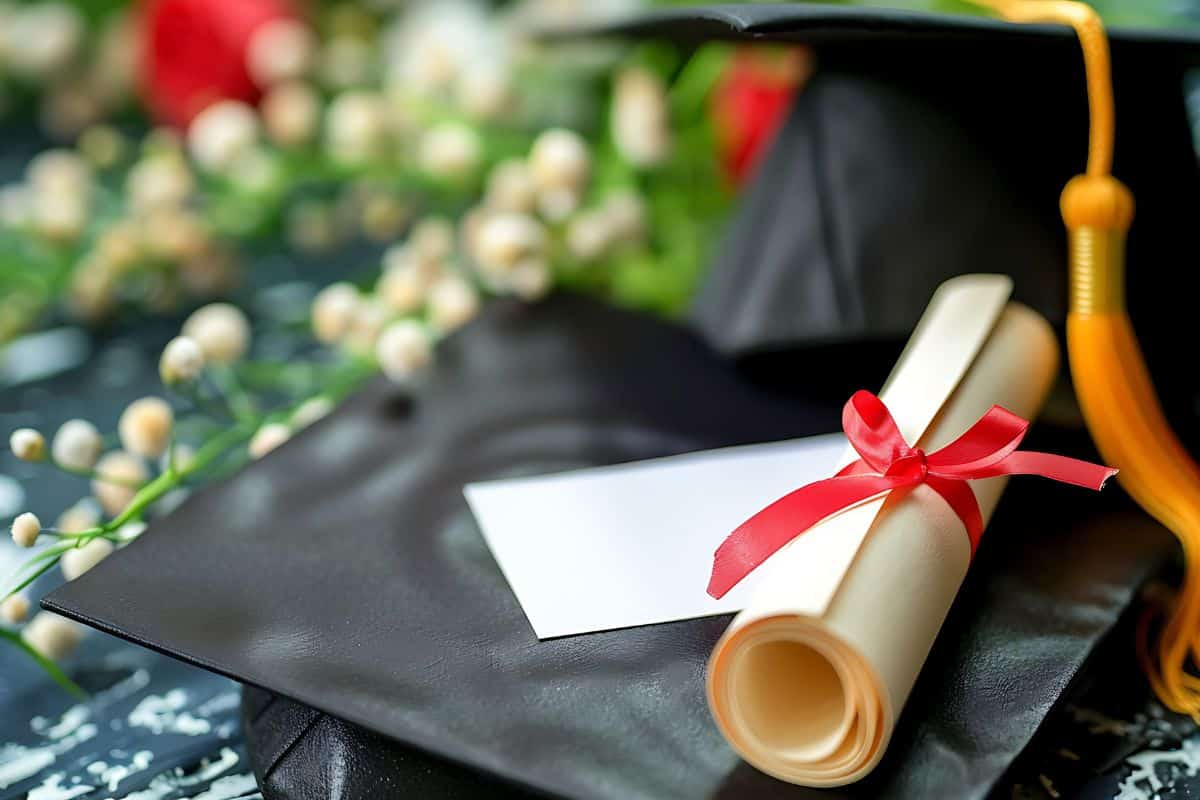 Celebratory graduation card a cap and diploma a copy space