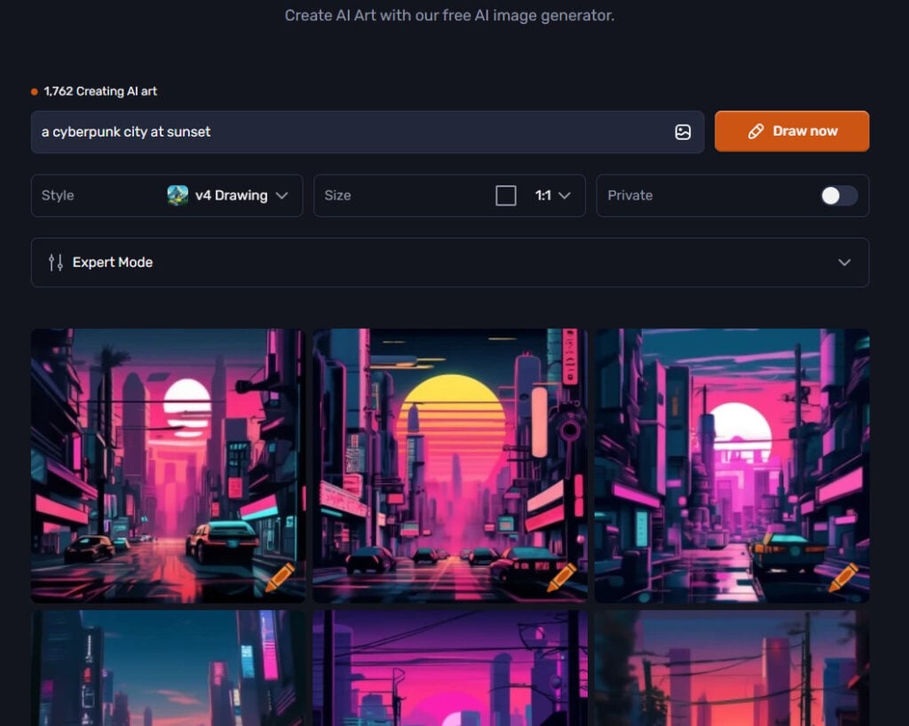 How Does AI Image Generation Work? AI Art Explained 4 AI-generated artwork of a cyberpunk cityscape at sunset, featuring neon lights, futuristic skyscrapers, and a vibrant skyline.