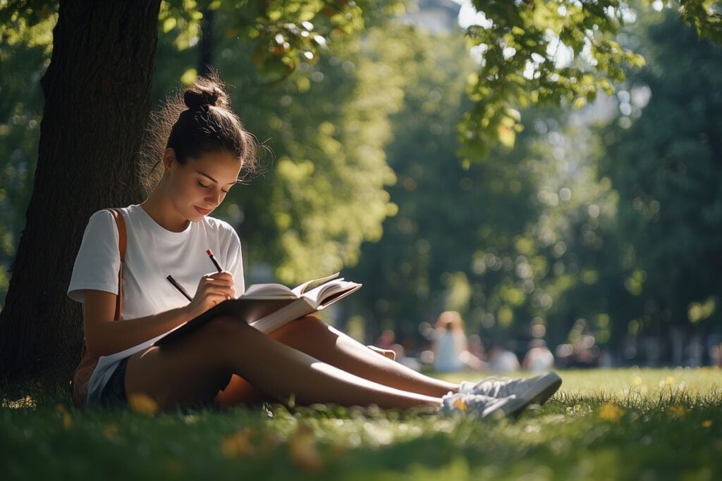 A young woman enjoys a sunny afternoon writing in a notebook