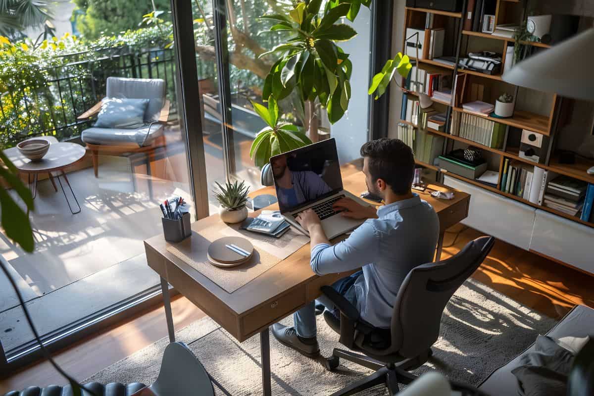 A man in hybrid work style to blend his time between working at an office