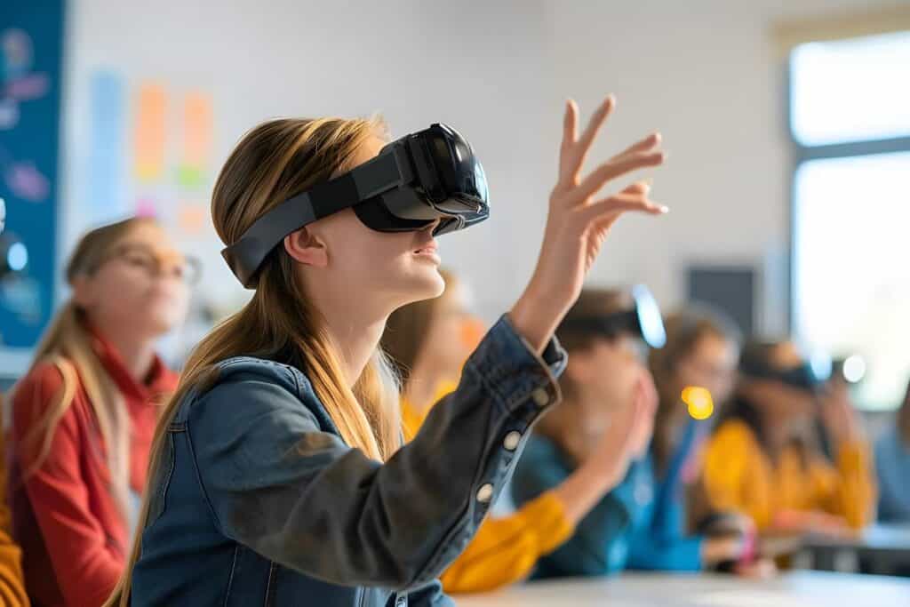 Young students using vr technology in a classroom