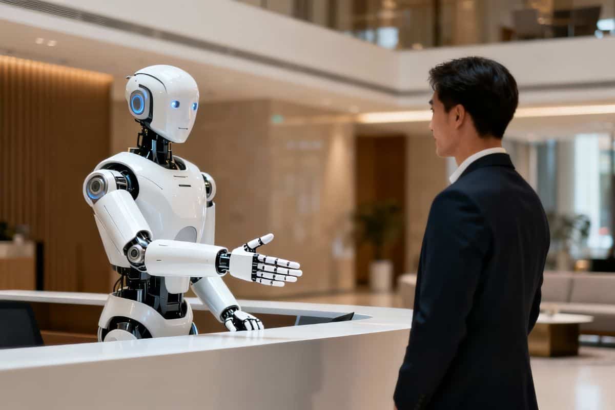 Robot receptionist greeting visitor modern office lobby