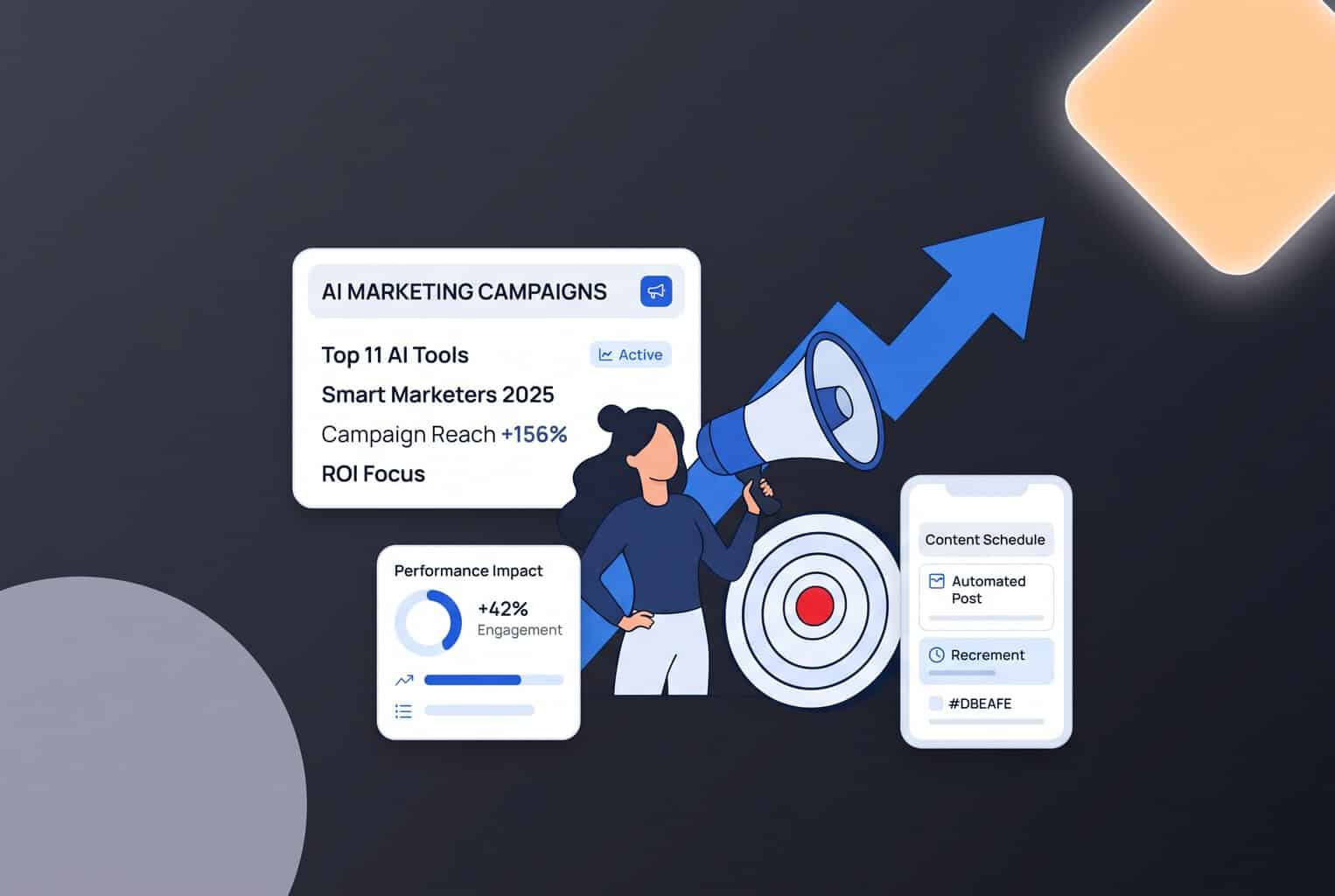 A woman holds a giant megaphone and a target alongside marketing UI cards, graphs, and a rising arrow on a dark gray background.