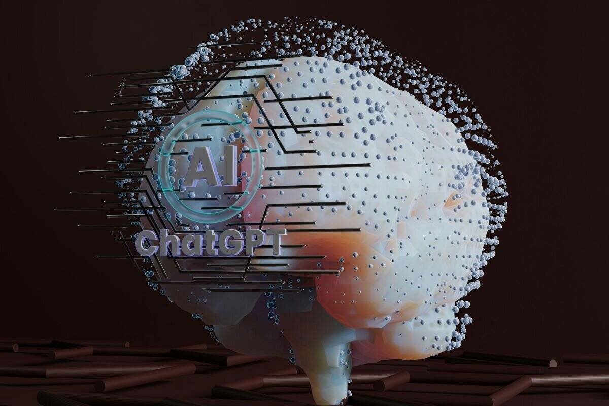 Immagine stock di un concetto di intelligenza artificiale con la parola "ChatGPT" all'interno di un contorno cerebrale con punti neurali connessi
