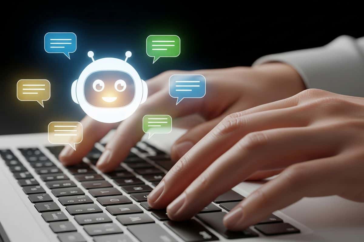 3d realistic typing on laptop with chatbot