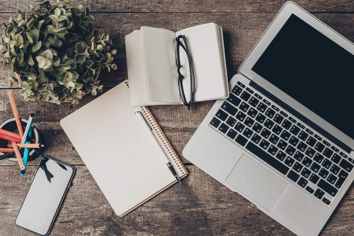 Workspace arrangement featuring laptop notebook
