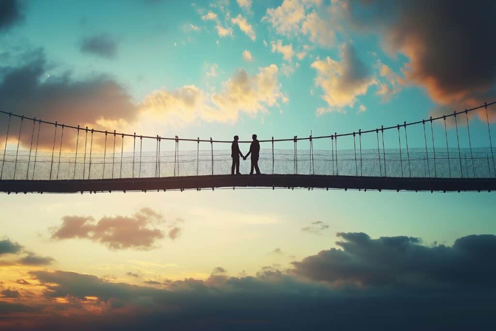 A silhouette of a couple holding hands
