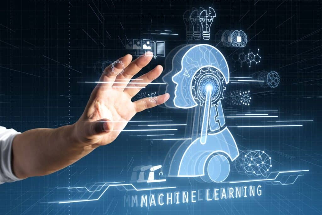 Close up of businessman hand using glowing robot head