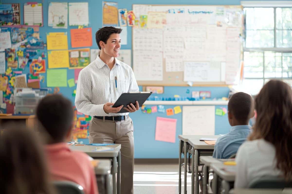 A teacher teaching in a classroom created with generative ai