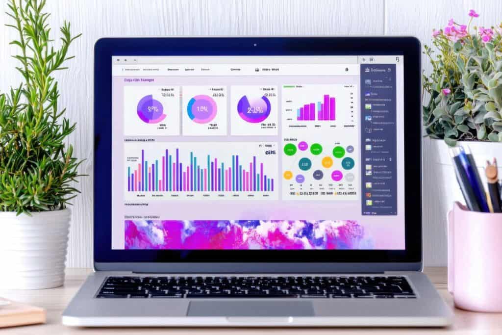 Ordenador portátil moderno con gráficos analíticos y visualización de datos