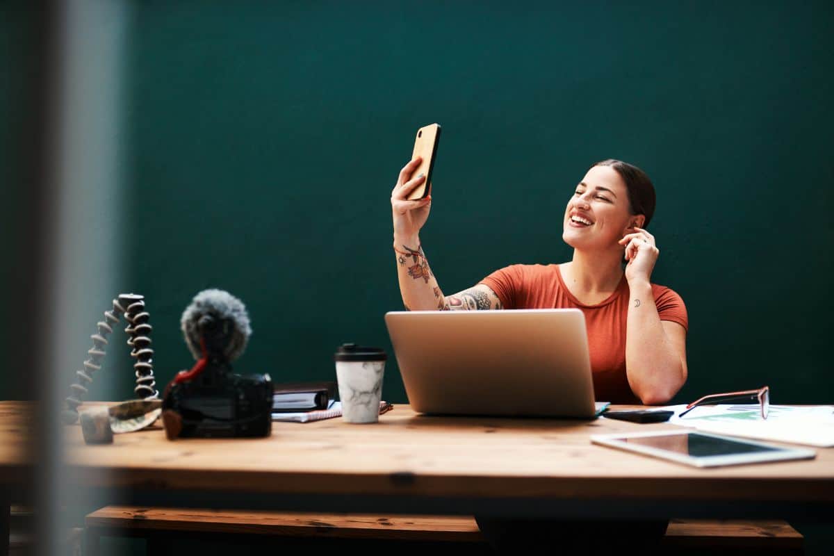 Selfie smile and remote work with business woman in home office