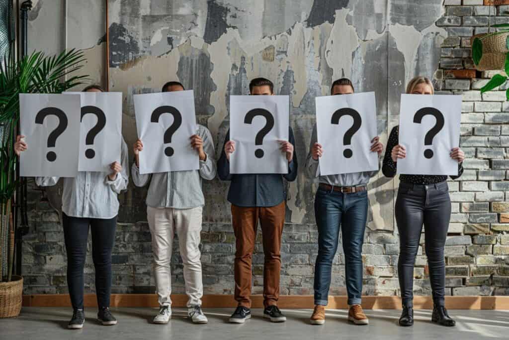A group of girls holding up paper with question marks