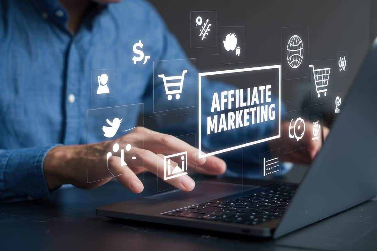 Hands on laptop with affiliate marketing concept