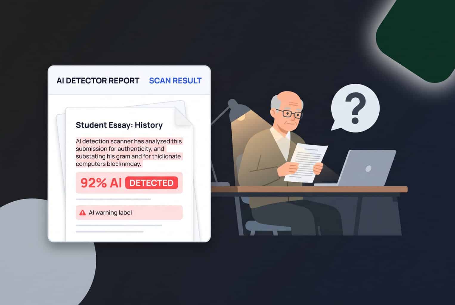 A professor at a desk reads a paper under a lamp next to a questioning laptop, beside an AI detector report showing a 92% AI-detected alert.