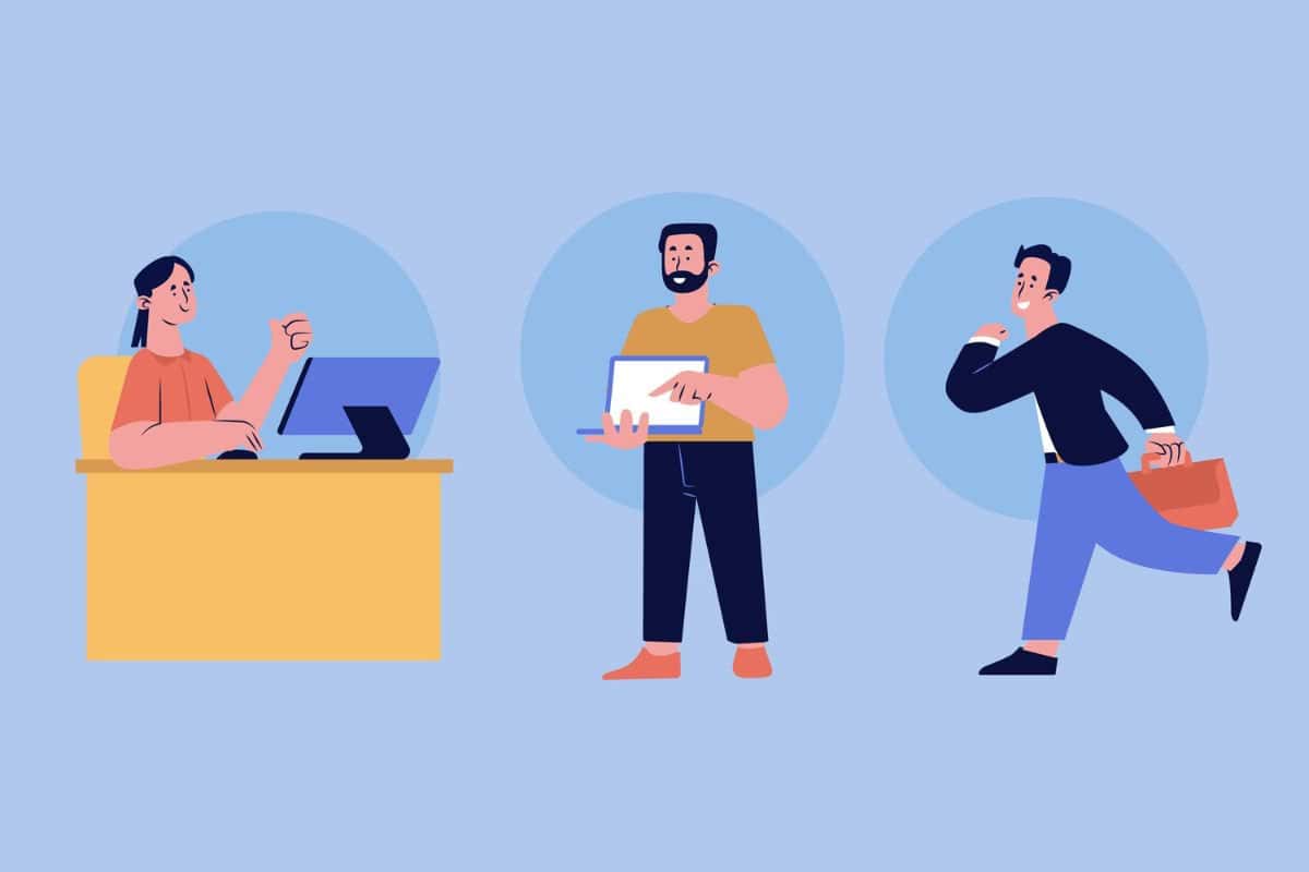 Illustration d'un recruteur se présentant avec assurance, tandis qu'une autre personne court avec un sac de travail, symbolisant l'urgence et la poursuite de la carrière.