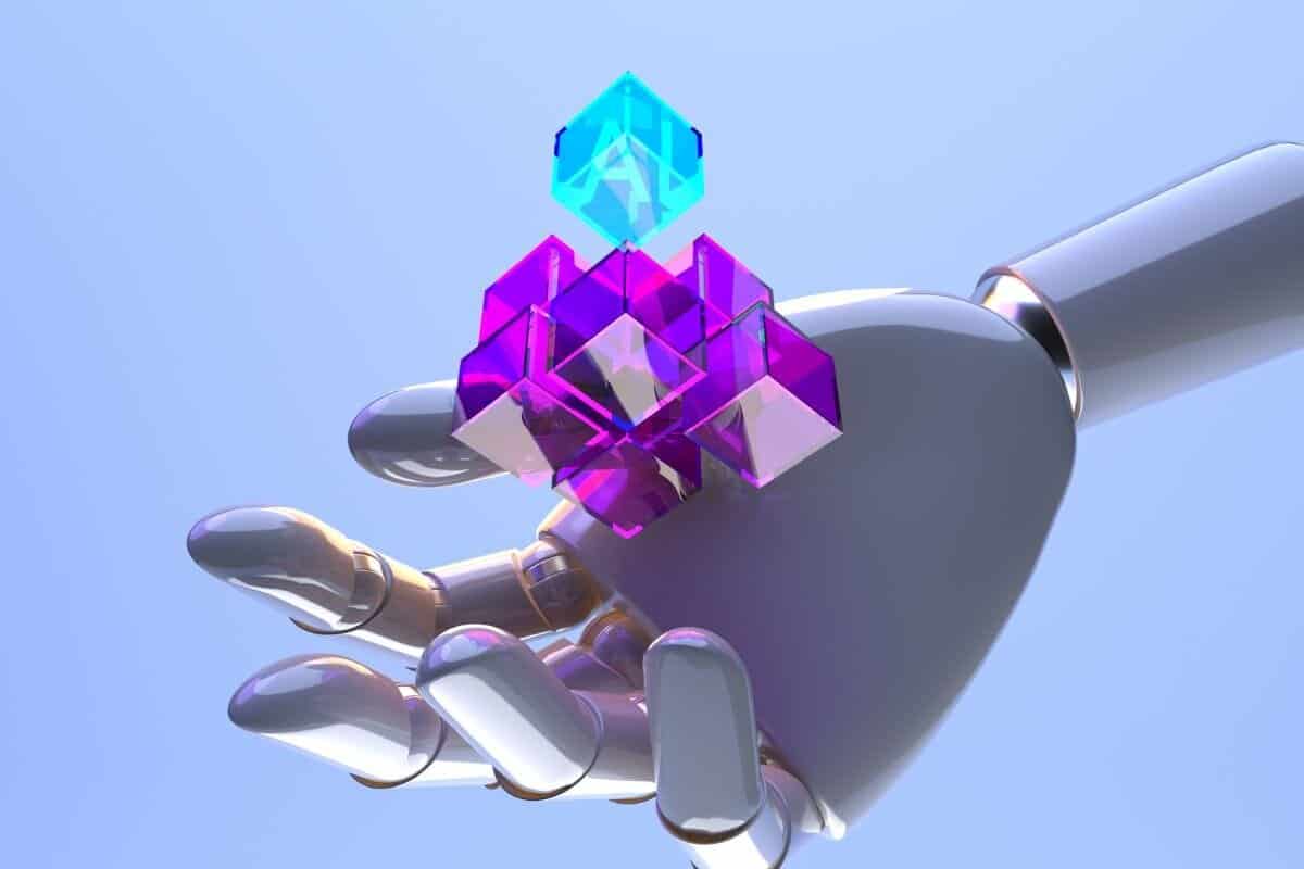 Illustration of a robot hand holding a glowing gem with the letters 'AI' inside