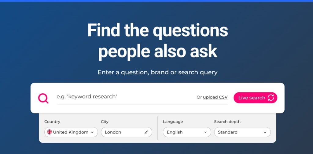 Zrzut ekranu głównego pulpitu nawigacyjnego AlsoAsked przedstawiający pasek wyszukiwania