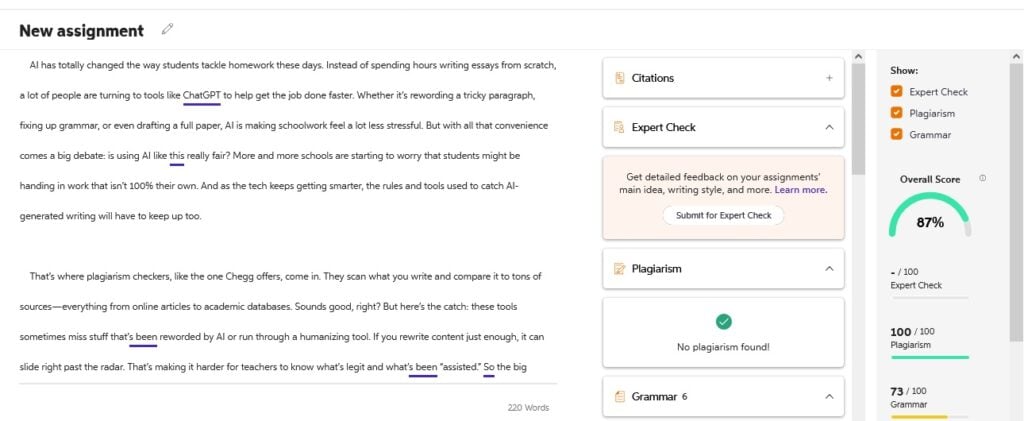 Screenshot of Chegg's plagiarism checker showing an overall score of 87% for a submitted assignment