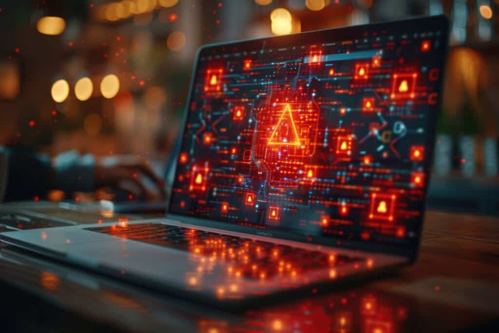 A glowing triangle symbol on a laptop screen with network data