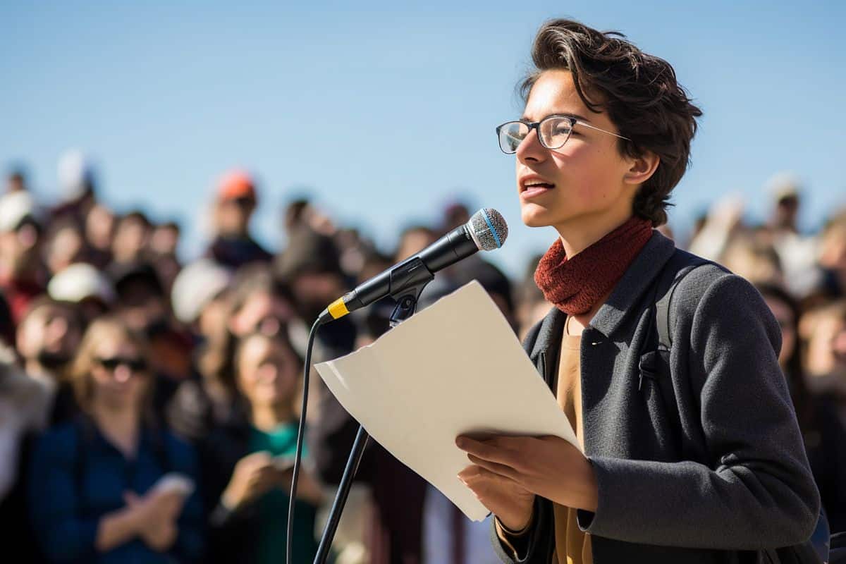 A picture of a young activist giving a speech at a rally for educational reform