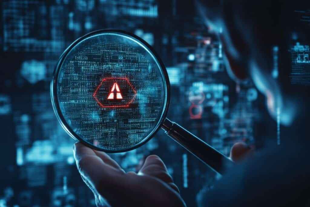 Manager examines an alert using a magnifying glass