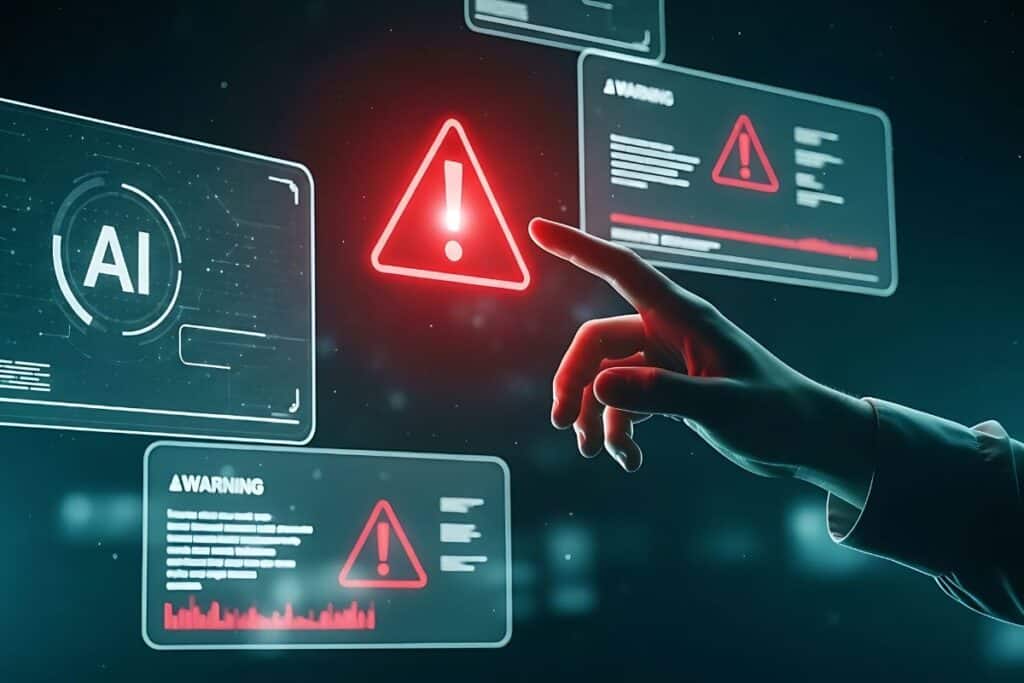 Artificial intelligence warning signs floating around a finger pointing