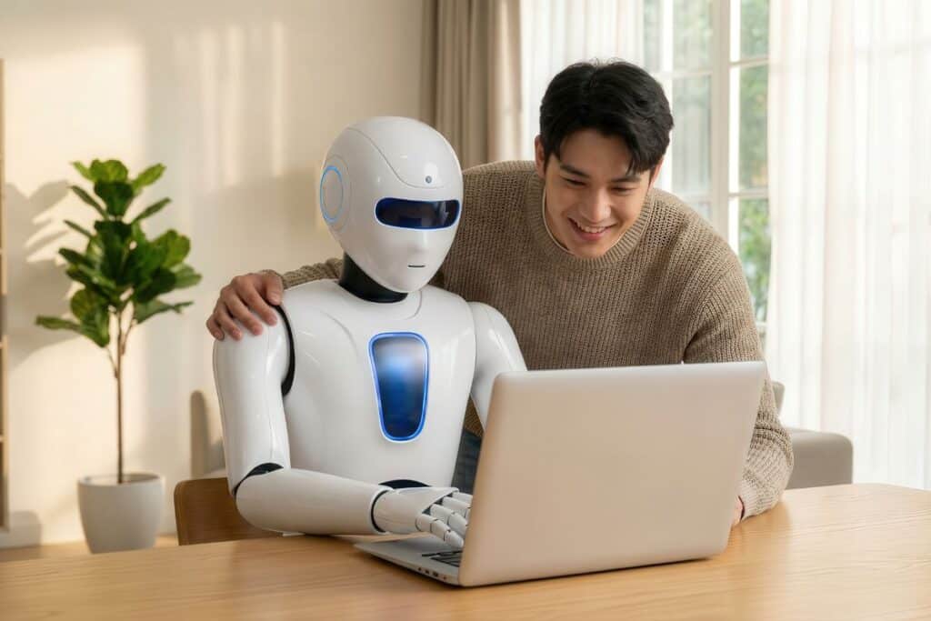 Jeune homme souriant alors qu'il travaille avec un robot humanoïde devant son ordinateur portable, chez lui